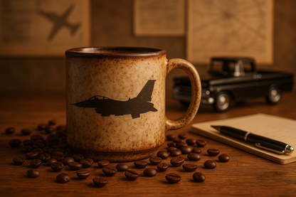 remove the "F-16" text but keep the plane. add a model truck sitting on the desk in the background, a 1962 black chevy truck model truck. 